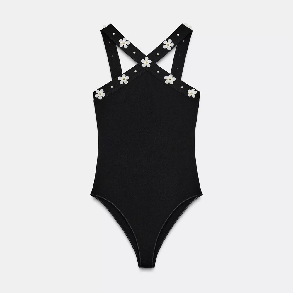 Zara Black Bodysuit with White Floral Details